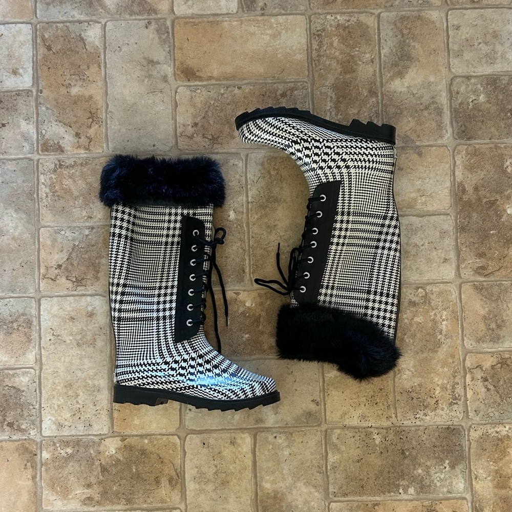Plaid Lace-Up Boots with Faux Fur Trim
